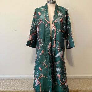Kimono Duster Women’s Sz. S Green Pink Asian Bird Chinoiserie Glam Boho Lounge